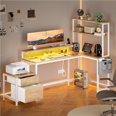 71 inch L Shaped Computer Desk with LED Light & Power Outlet Office Desk 